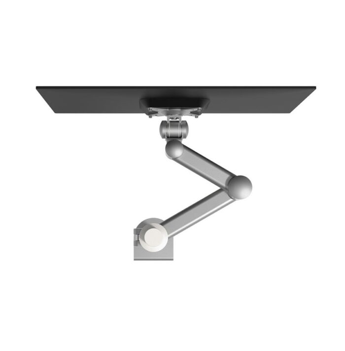 Viewmate Monitor Arm - desk 662, aerial view of arm in silver shown with mounted screen 52.662