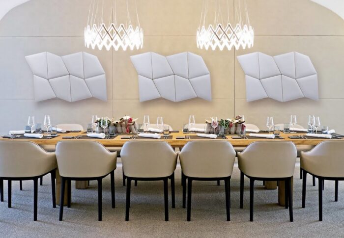 Volo Acoustic Panels shown mounted on a wall in a dining space