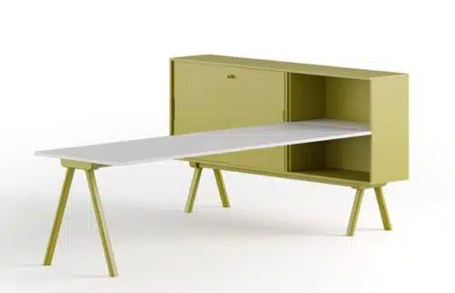 Workstation 2027 DX VERSION 180 shown with green cabinets and desk frame