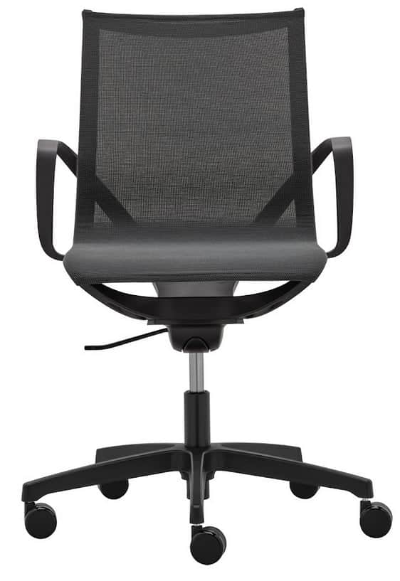 Zero G Workchair front view of all black chair with arms