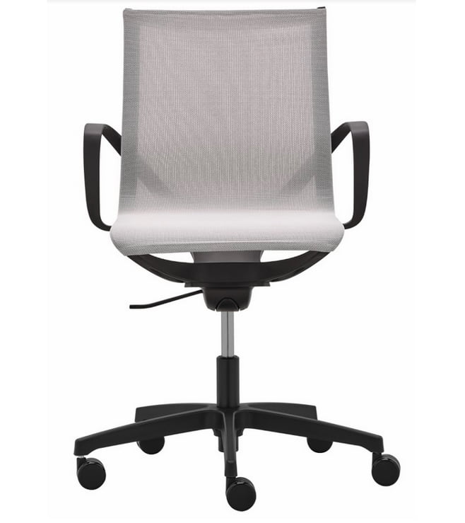 Zero G Workchair front view of chair with arms, black base and grey seat