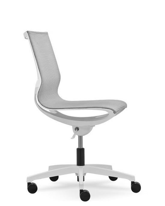 Zero G Workchair profile view of chair in light grey, with no arms, and white base