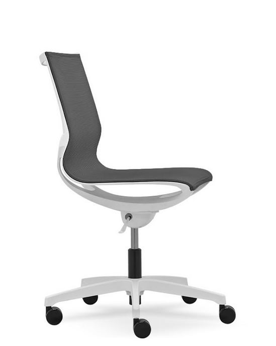 Zero G Workchair profile view of chair with black mesh seat and white base, no arms