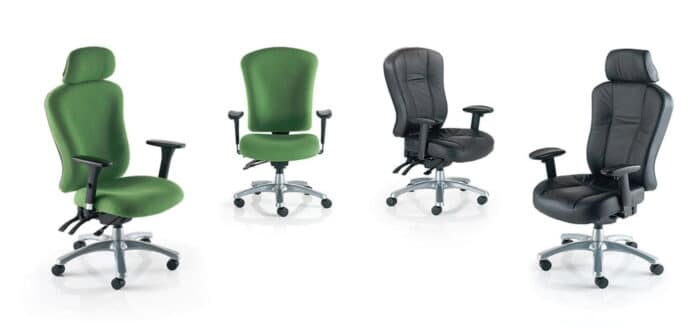 Zircon Task Chair group of four models with black leather and greern fabric upholstery