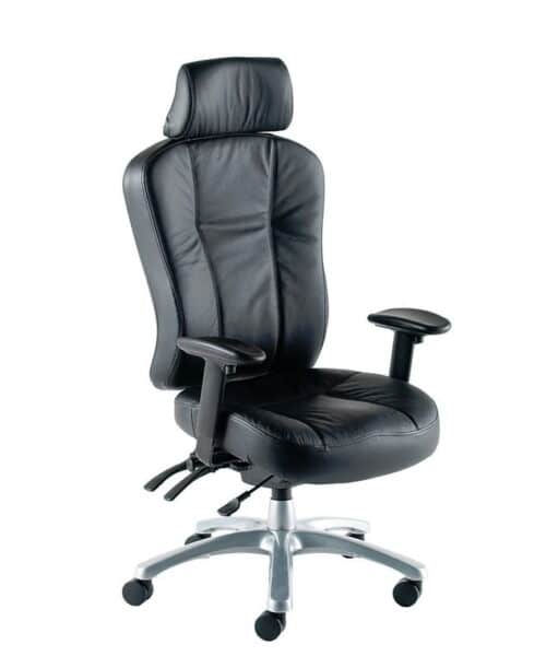 Zircon Task Chair high back with headrest, adjustable arms, silver base and black leather upholstery ZH1