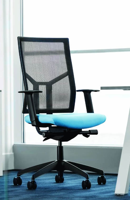 Airo Task Chair mesh back, upholstered seat, adjustable arms and black spider base on castors shown in a workspace