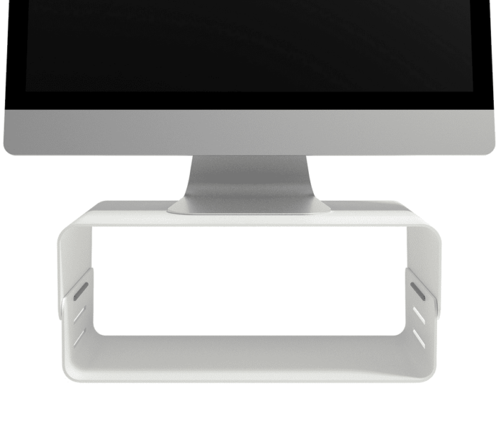 Addit Bento Monitor Riser with 3 adjustable heights shown in white with a monitor on top