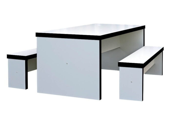 Block Breakout Table and Bench shown in white with black lipping