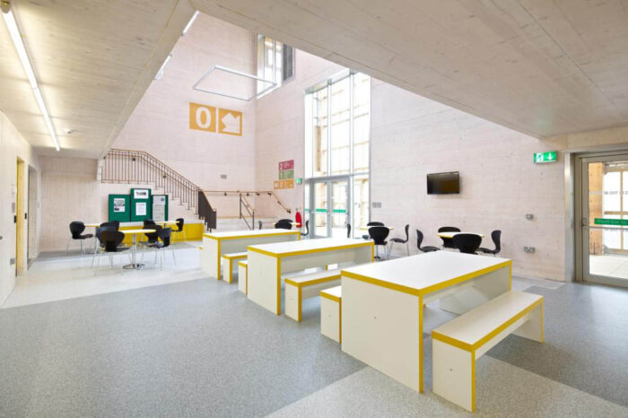 Block Breakout Tables And Benches in white with yellow lipping