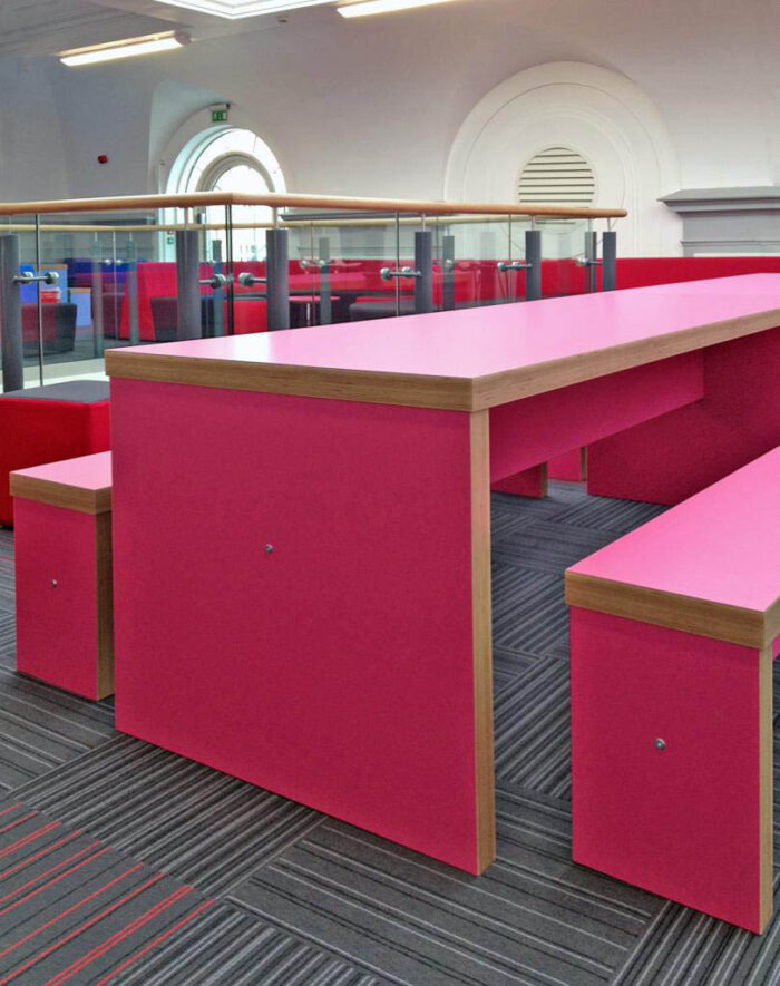 Block Breakout Tables and benches in pink with ply effect lipping