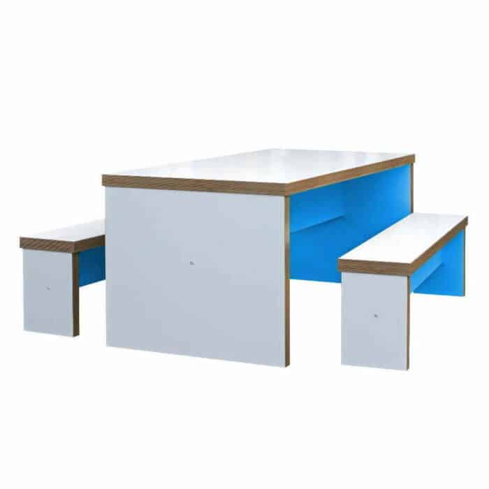 Block Breakout Table and benches shown in blue and white
