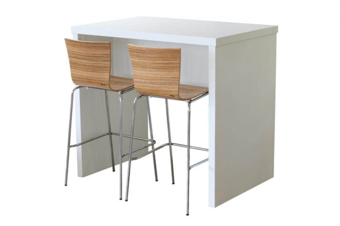 Block Poseur Breakout Bench in white, shown with zebrano high stools