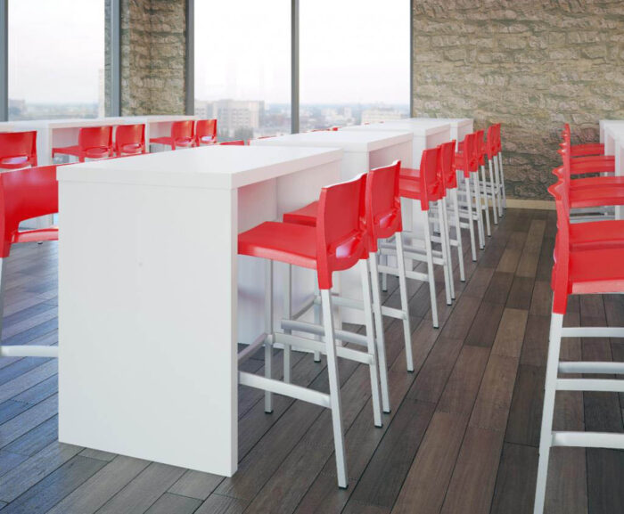 Block Poseur Breakout Benches in white, shown with red stools