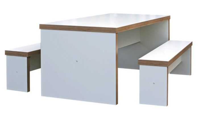 Block White Bench Table and two bench seats