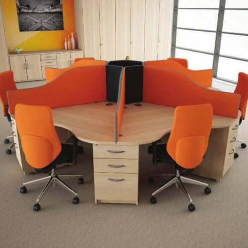 Circular Call Centre Desks In Oak With Orange Screens