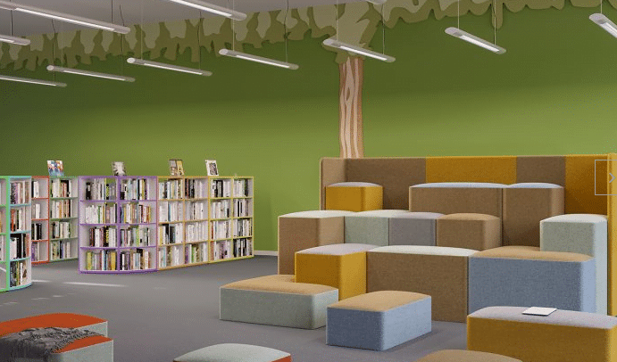 Creator Tiered Seating 4 level configuration with back screen shown in a library