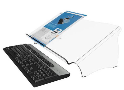 44.410 Addit ErgoDoc Document Holder in clear acrylic shown In profile with a document and keyboard