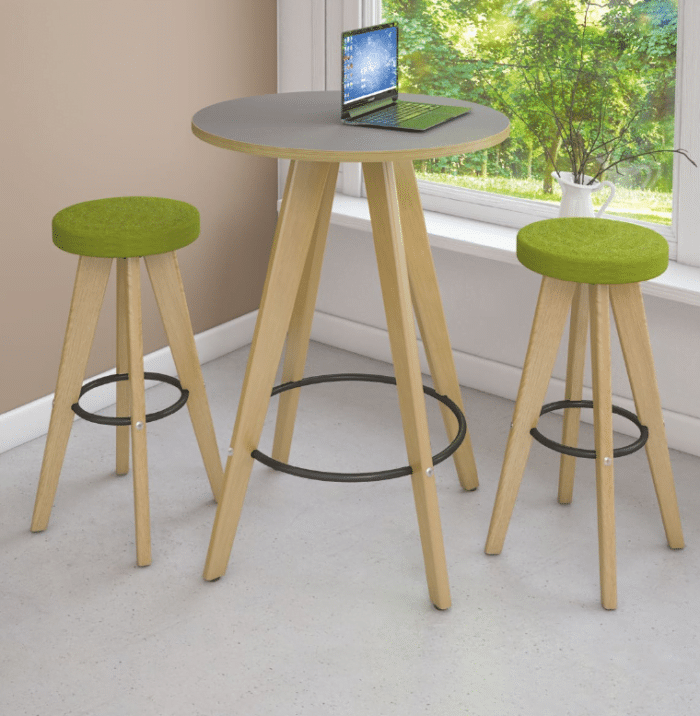 Evolve Stool - two high stools with oak legs and a poseur height matching round table