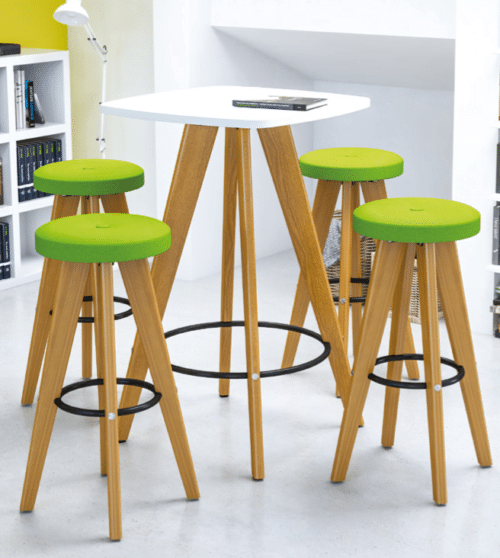 Evolve Stool - four high stools with oak legs and a poseur height matching round table