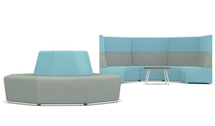 Fifteen Radial Soft Seating high and low back configurations in blue and grey with coffee table