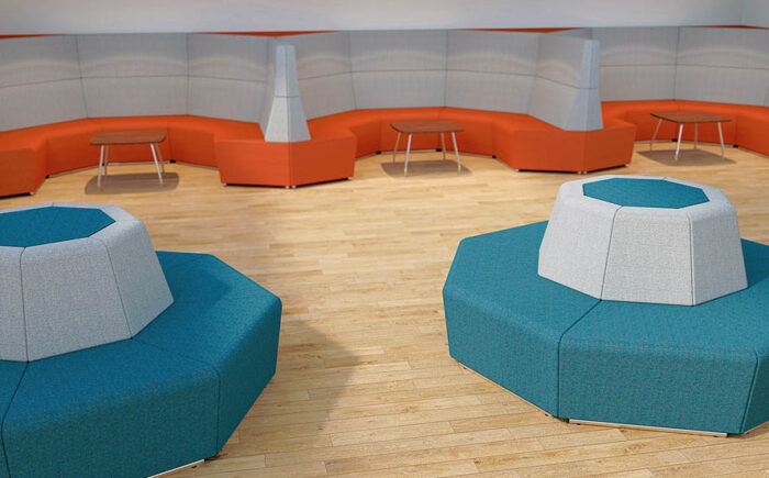 Fifteen Radial Soft Seating high and low back configurations in blu and orange
