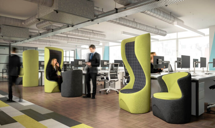 Hide Acoustic Pods shown in a busy office