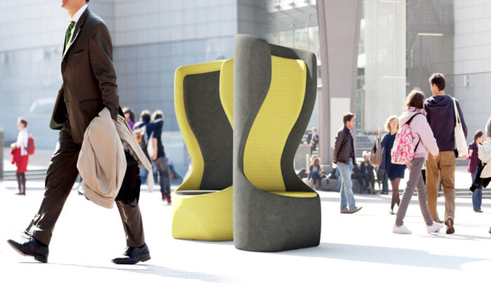 Hide Acoustic Pods shown in grey and yellow fabric