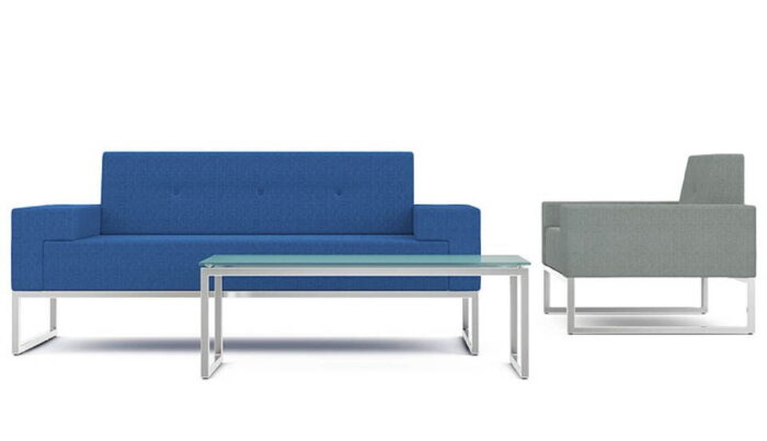 Hub Sofa in blue fabric and Hub Armchair in grey fabric