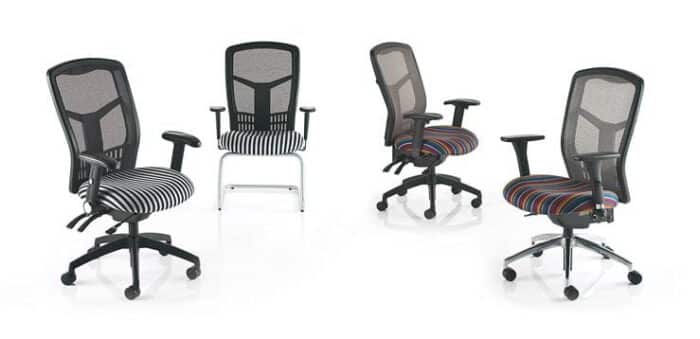 Hybrid Mesh Visitor Chair with a cantilever frame, shown with some Hybrid Mesh Task Chairs