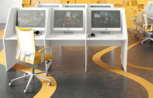Mac-Call Desks two rows of three single sided desks in white finish