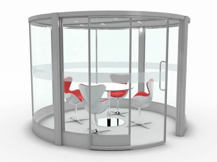 Office Meeting Pod shown in a circualr format for smaller meetings or collaboration