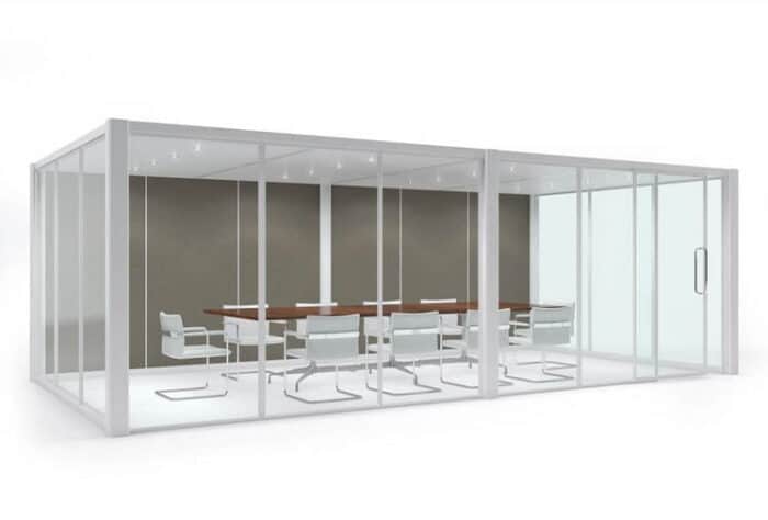Office Meeting Pod showing in a rectangular configuration with meeting table and chairs