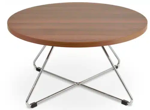 Paris Coffee Table with circular top in a wood finihs and chrome wire frame base