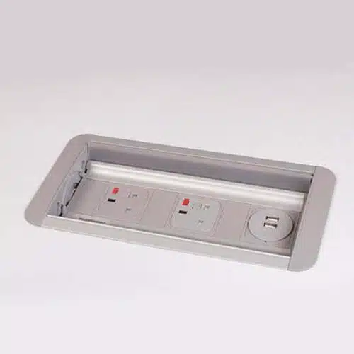 Platinum Power Module showing a silver unit with two UK power and one twin USB charger