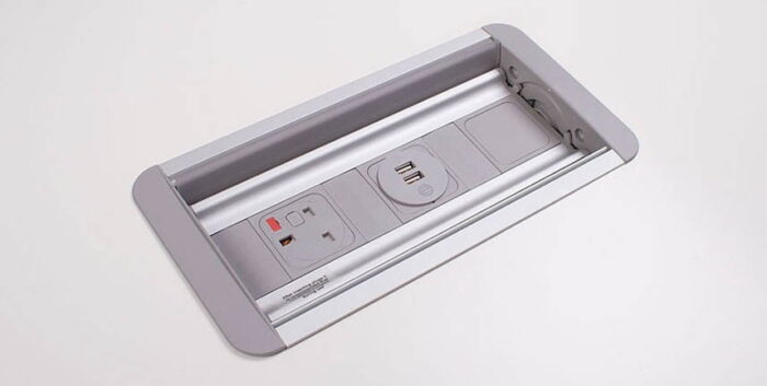 Platinum Power Module in silver with one power socket, one twin USB charger and blank sockets