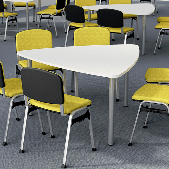 Plectra Tables with white tops and shown with yellow chairs