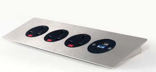 Podium Power Module showing a 4 gang unit in silver with black sockets