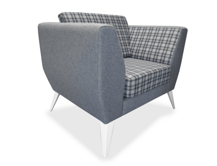 Polly Soft Seating side view of a low back armchair shown with two tone upholstery and silver legs