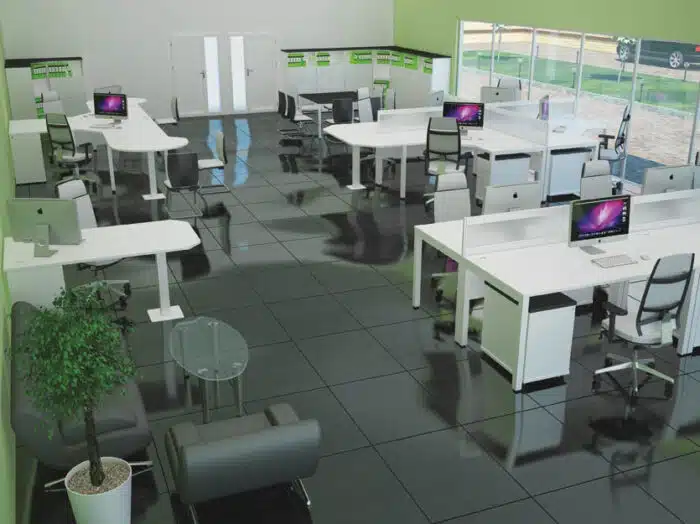 Pure Desks And Workstations in all white finish with white pedestals