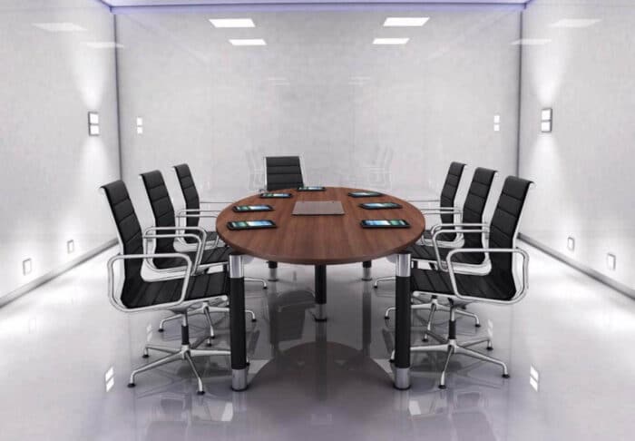 Reunion Classic Solo Leg Meeting Tables eliptical 8 seat table shown with 7 meeting chairs