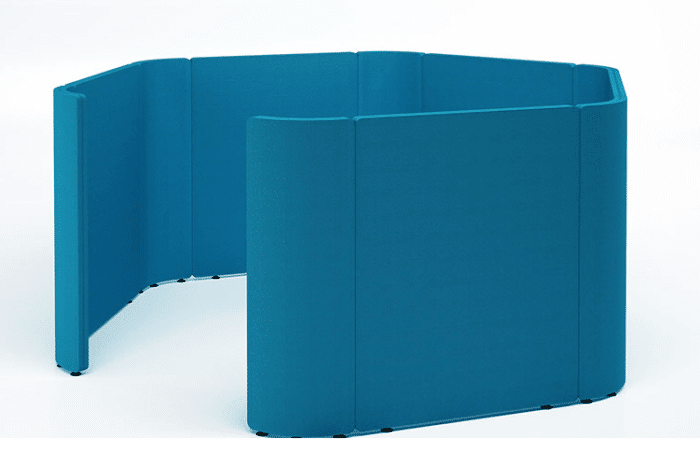 Solar Booths And Screens straight screens with curved linking screens in a meeting den configuration