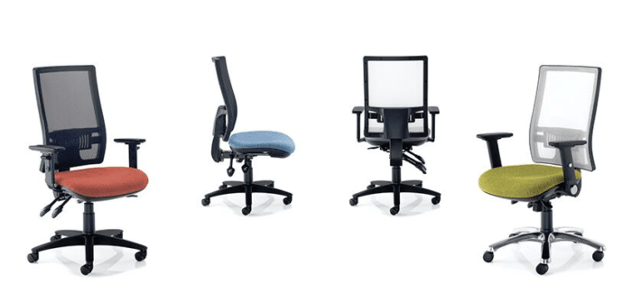 Tempo Meshback Task Chair with black mesh back and blue seat showing front and side views